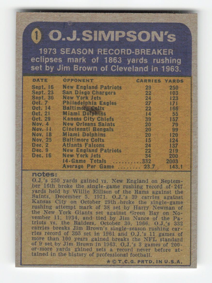 1974 Topps #1 O.J. Simpson (Error "100 YEARS /Not YARDS")