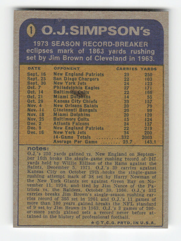 1974 Topps #1 O.J. Simpson (Error "100 YEARS /Not YARDS")